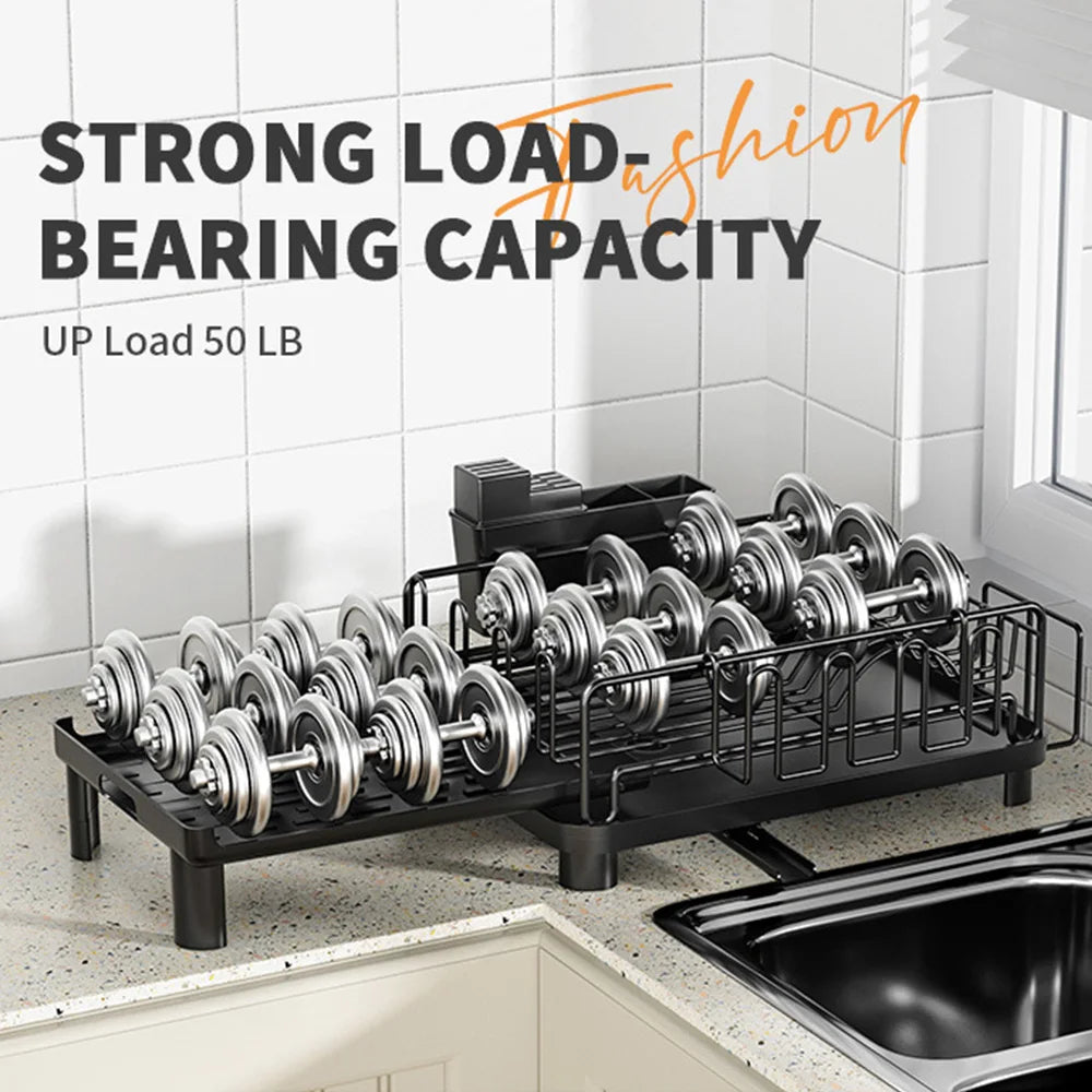 Multifunctional Dish Drying Rack Kitchen Extendable Dish Rack with Drainboard Dish Drainer Storage Organizer Cutlery Cup Holders