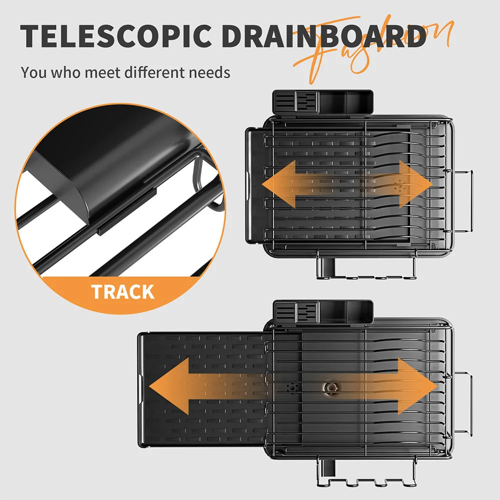 Multifunctional Dish Drying Rack Kitchen Extendable Dish Rack with Drainboard Dish Drainer Storage Organizer Cutlery Cup Holders