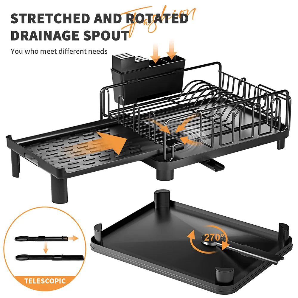 Multifunctional Dish Drying Rack Kitchen Extendable Dish Rack with Drainboard Dish Drainer Storage Organizer Cutlery Cup Holders