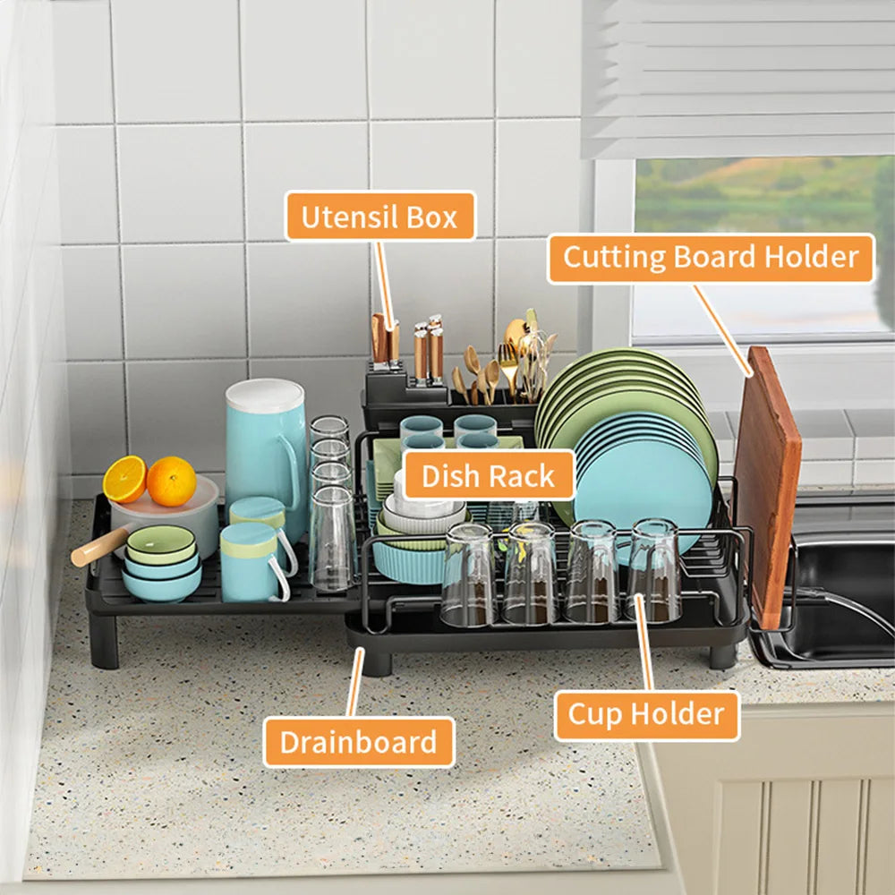 Multifunctional Dish Drying Rack Kitchen Extendable Dish Rack with Drainboard Dish Drainer Storage Organizer Cutlery Cup Holders