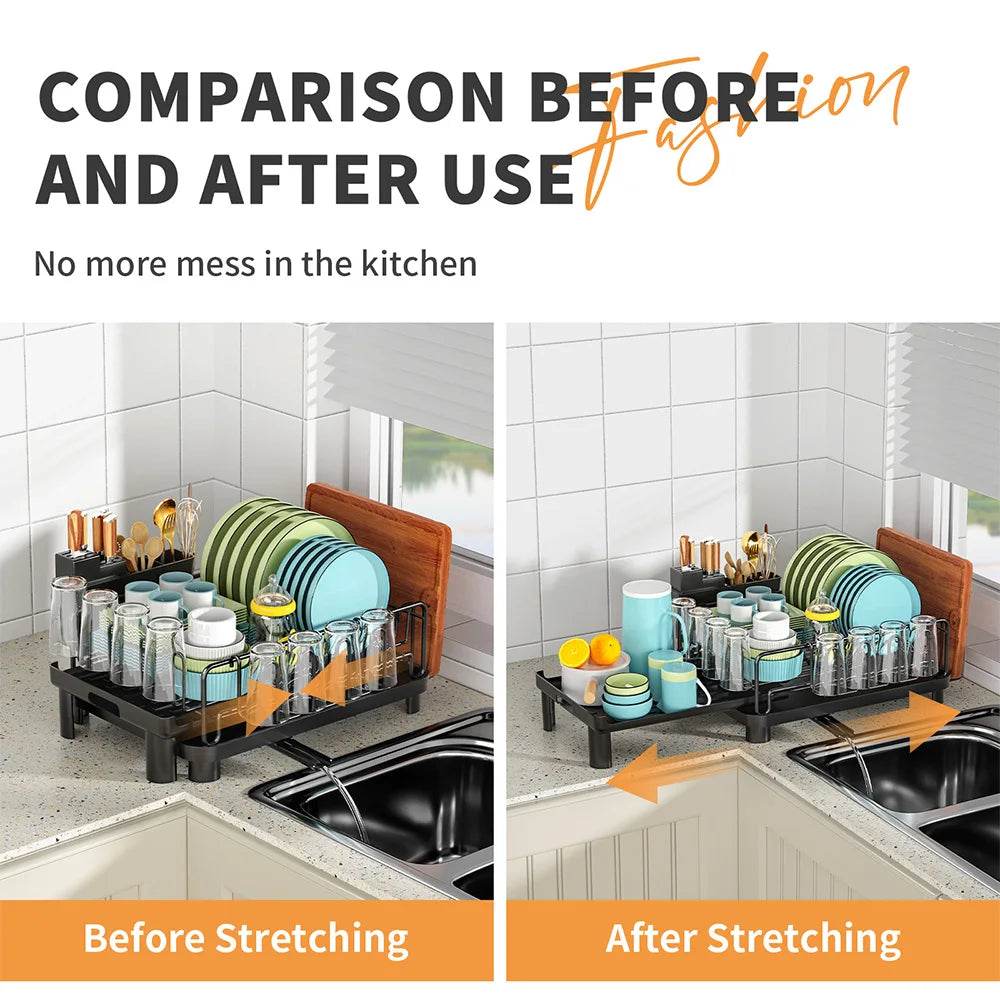 Multifunctional Dish Drying Rack Kitchen Extendable Dish Rack with Drainboard Dish Drainer Storage Organizer Cutlery Cup Holders