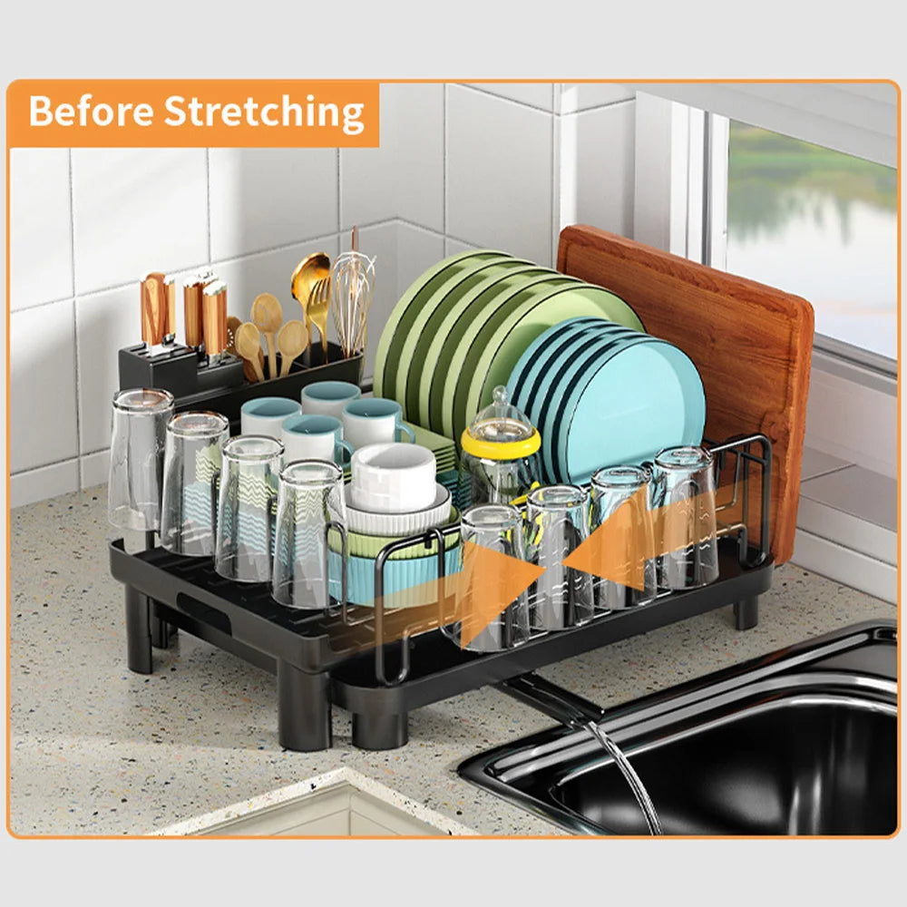 Multifunctional Dish Drying Rack Kitchen Extendable Dish Rack with Drainboard Dish Drainer Storage Organizer Cutlery Cup Holders