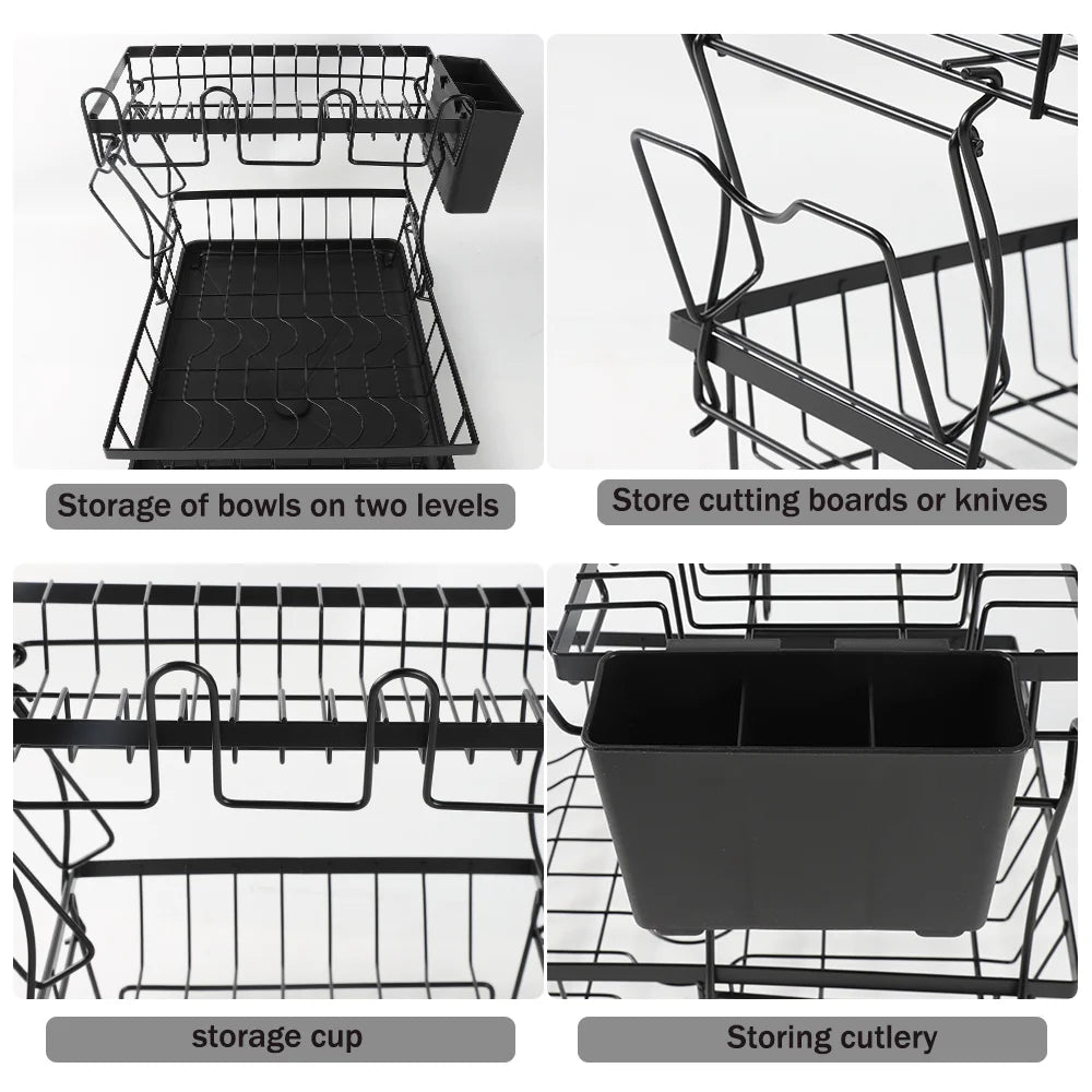 2-Tier Stainless Steel Kitchen Sink Dish Drainer & Drying Rack, Includes Cup & Cutlery Holders