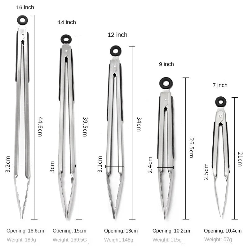 Steel food tongs BBQ grill tools 9 inch 12 inch 14 inch 16 inch factory wholesale stainless steel food tongs