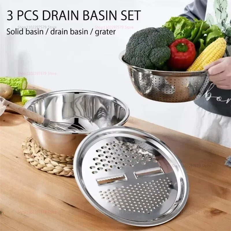 3-in-1 Vegetable Slicer Cutter Grater Drain Basket Stainless Steel Salad Maker Bowl Kitchen Gadgets Fruits Vegetables Cooking
