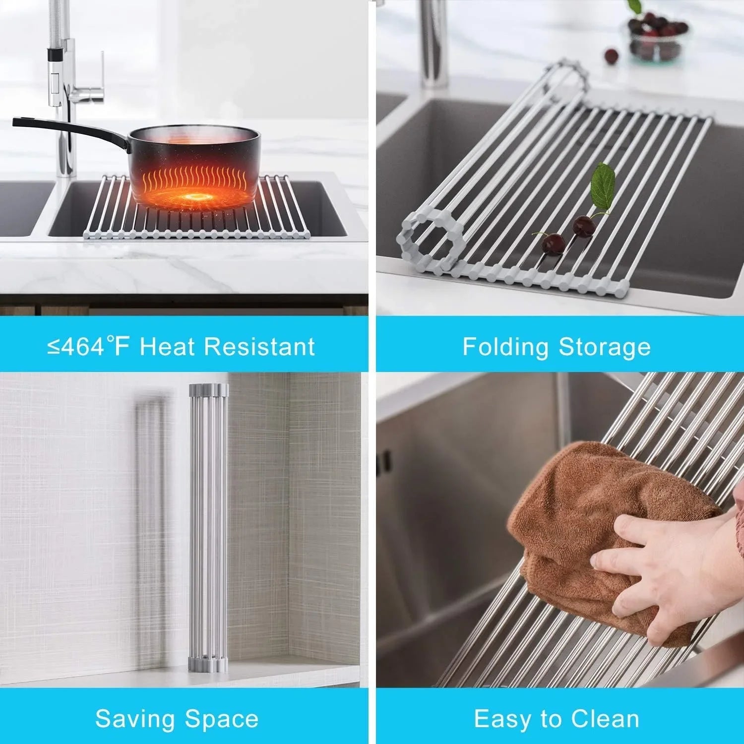 304 Stainless Kitchen Foldable Sink Plate Storage Bowl Holder Kitchen Dish Drying Rack Dish Drainer Shelf Kitchen Accessories