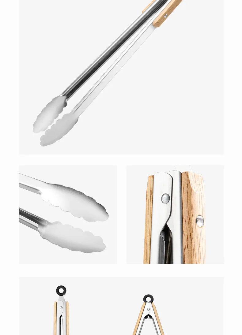 Stainless steel food tongs with heat-resistant wooden handles, anti-scald steak tongs, BBQ outdoor grill tongs, bread clips