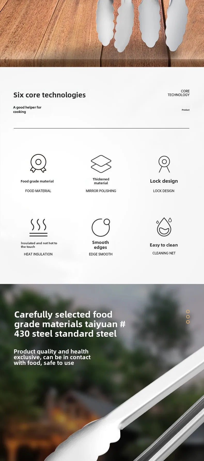 Stainless steel food tongs with heat-resistant wooden handles, anti-scald steak tongs, BBQ outdoor grill tongs, bread clips