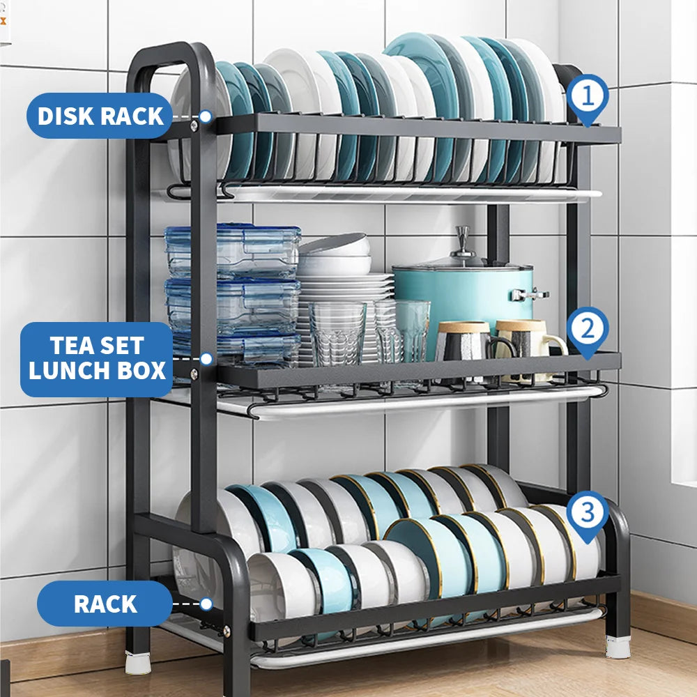 3-tier Dish Drying Drainer Rack, Multifunctional Rustproof Countertop Metal Single Dish Storage Rack, for Kitchen Restaurant