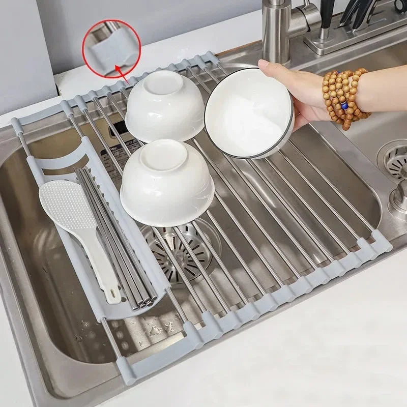 304 Stainless Kitchen Foldable Sink Plate Storage Bowl Holder Kitchen Dish Drying Rack Dish Drainer Shelf Kitchen Accessories