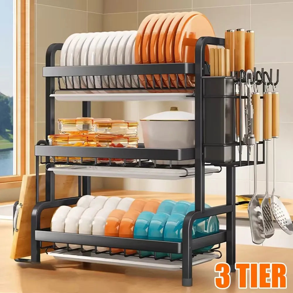 3-tier Dish Drying Drainer Rack, Multifunctional Rustproof Countertop Metal Single Dish Storage Rack, for Kitchen Restaurant