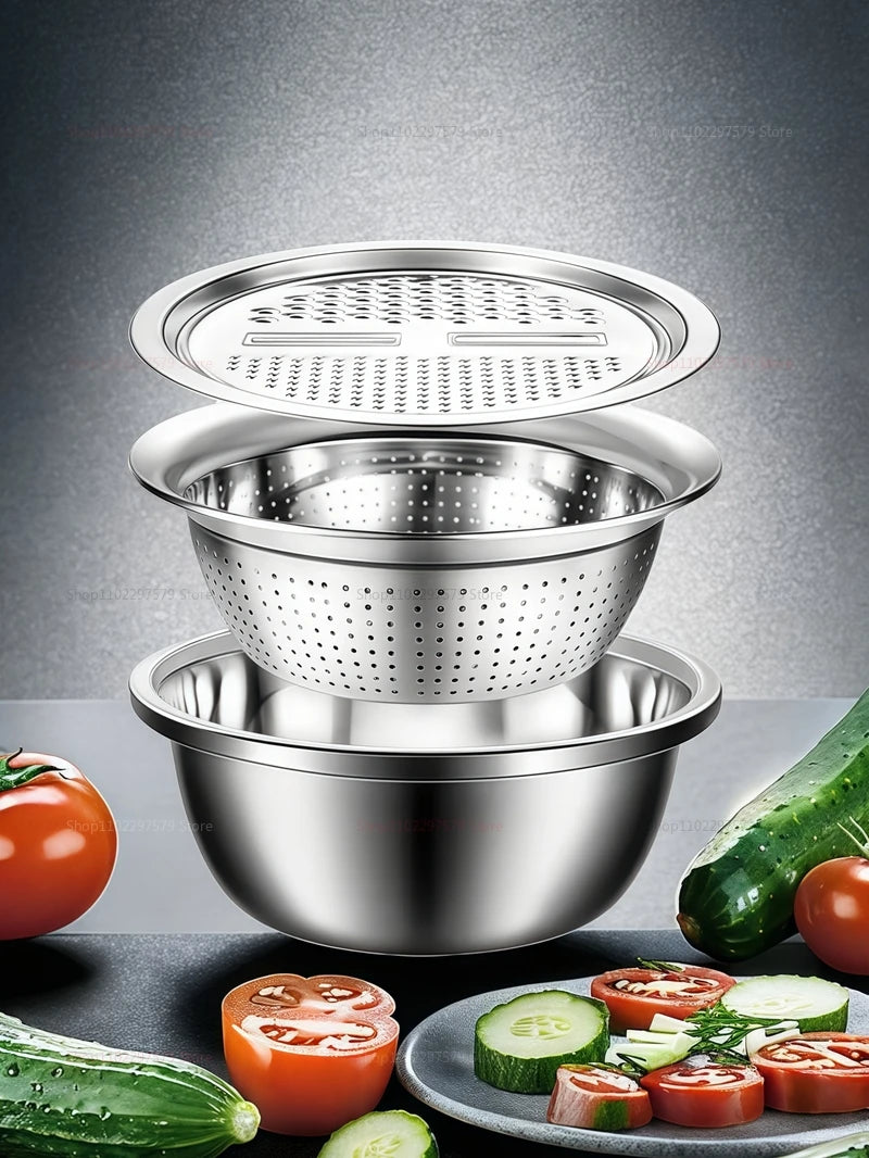 3-in-1 Vegetable Slicer Cutter Grater Drain Basket Stainless Steel Salad Maker Bowl Kitchen Gadgets Fruits Vegetables Cooking