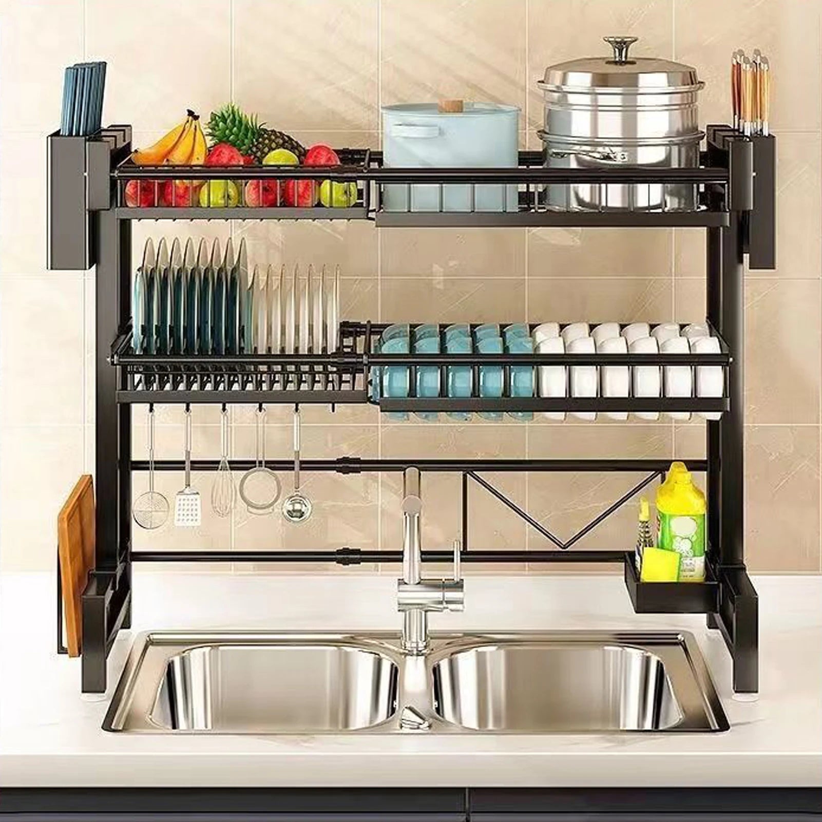 2 Tier Kitchen Storage Shelf Above Sink Stretchable Bowl Draining Rack Multifunctional Dish Knife Spoon Sink Rack Set Organizer