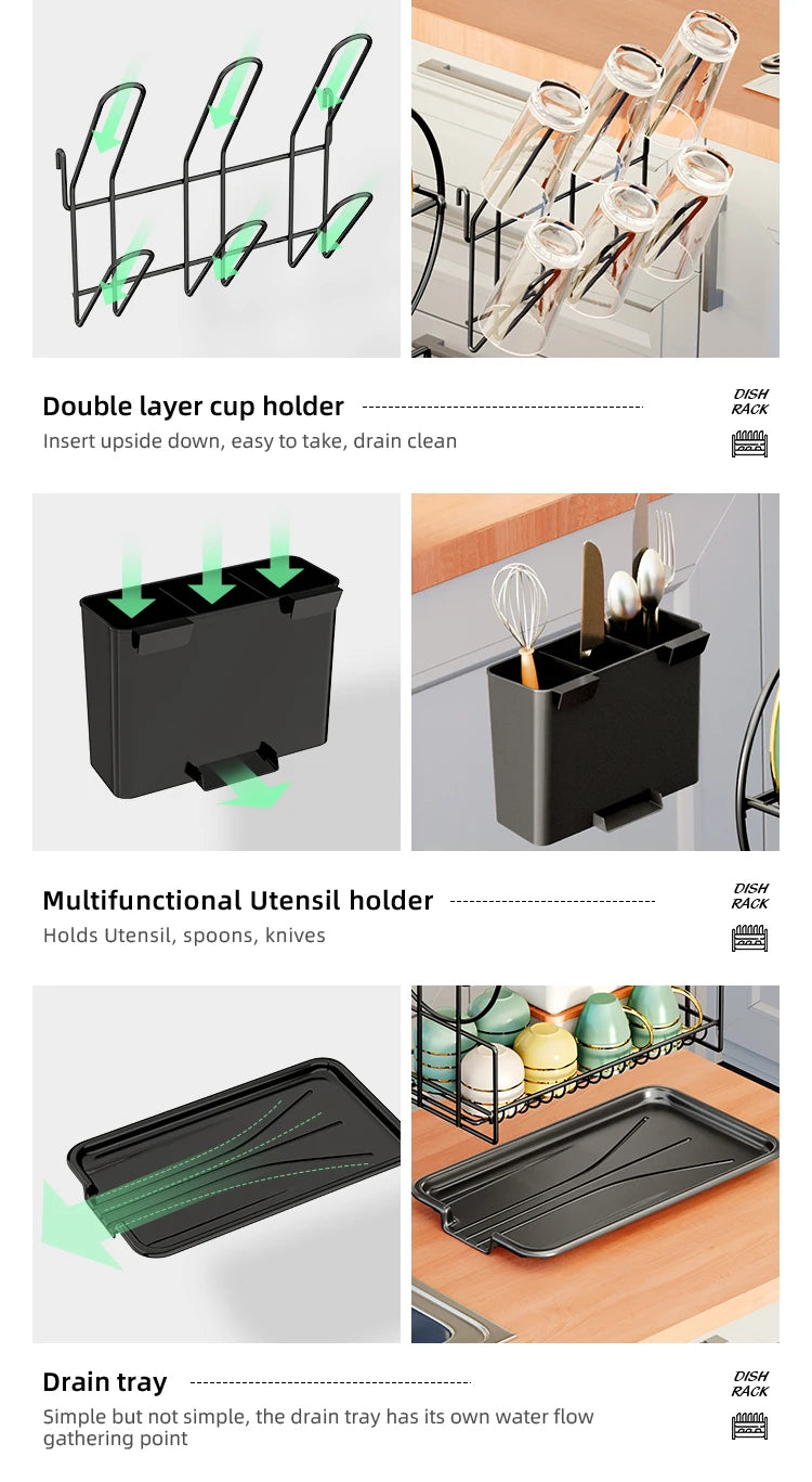 2 tier dish drying rack drain board set tableware drainer Kitchen countertop storage rack cup holder Knife and fork holder