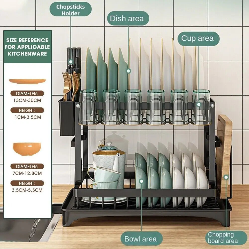 2-Tier Dish Drying Rack with Cutlery Holder, Carbon Steel & Plastic, Easy Install Over Sink Drainer, Sturdy Water Dish Storage