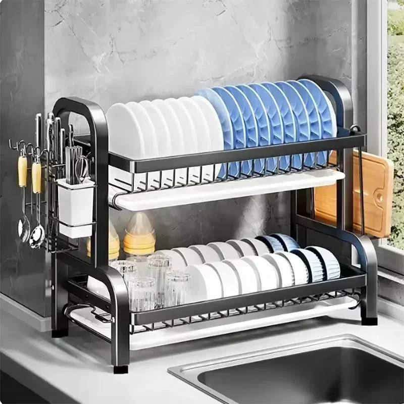 2025 New 2-Tier Stainless Steel Kitchen Countertop Dish Drainer with Utensil Holder Compact Rustproof Storage Organizer