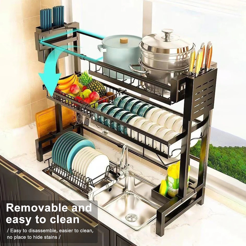 2 Tier Kitchen Storage Shelf Above Sink Stretchable Bowl Draining Rack Multifunctional Dish Knife Spoon Sink Rack Set Organizer