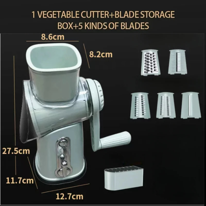 Rotary Cheese Grater Shredder Round Mandolin Slicer with Handle and 5 Drum Blades Kitchen Manual Vegetable Slicer Nuts Grinder