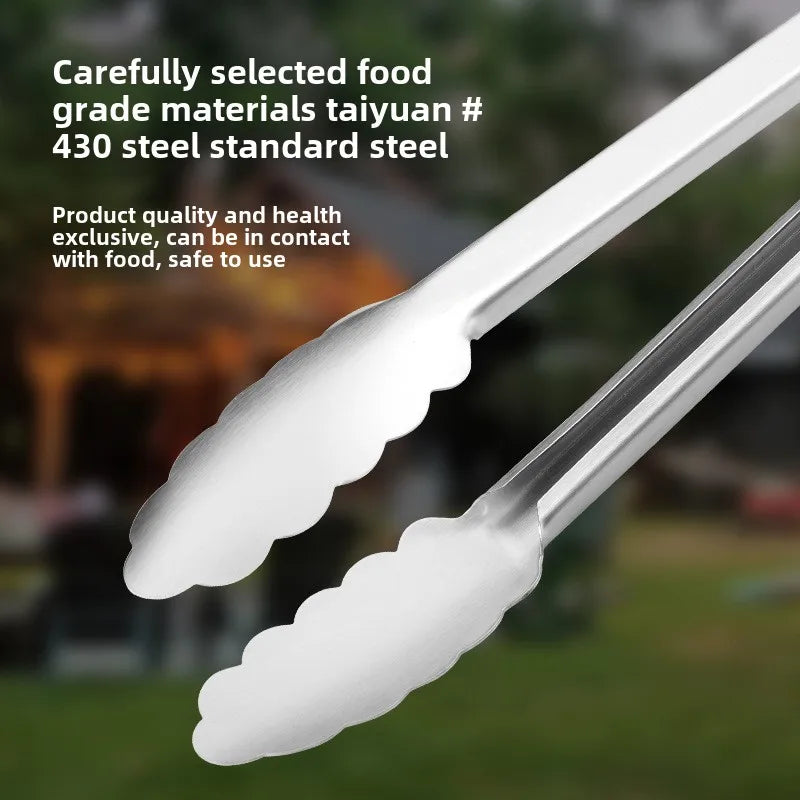 Stainless steel food tongs with heat-resistant wooden handles, anti-scald steak tongs, BBQ outdoor grill tongs, bread clips