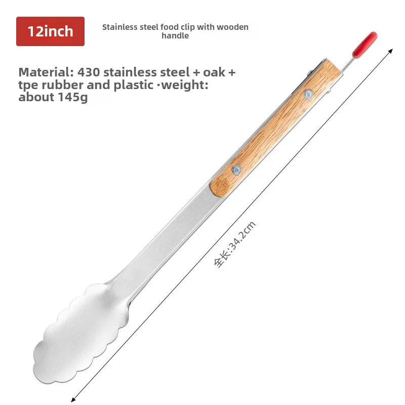 Stainless steel food tongs with heat-resistant wooden handles, anti-scald steak tongs, BBQ outdoor grill tongs, bread clips