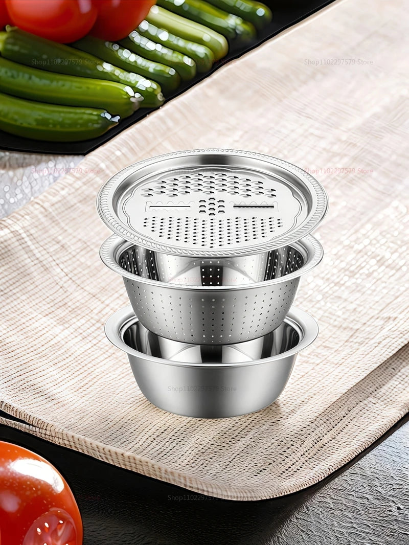 3-in-1 Vegetable Slicer Cutter Grater Drain Basket Stainless Steel Salad Maker Bowl Kitchen Gadgets Fruits Vegetables Cooking