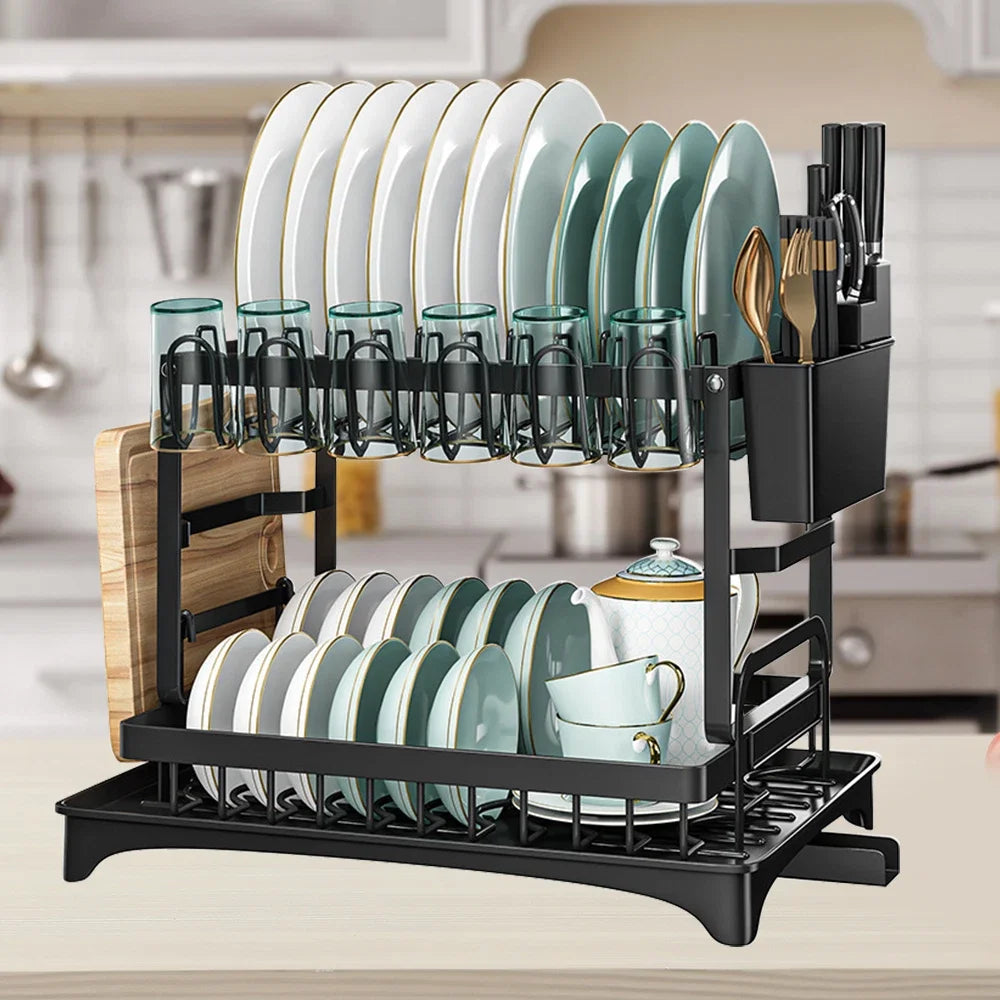 2 tier,dish drying rack,Cutlery rack with spout and draining tray,cutlery holder,cup holder,kitchen countertop storage rack