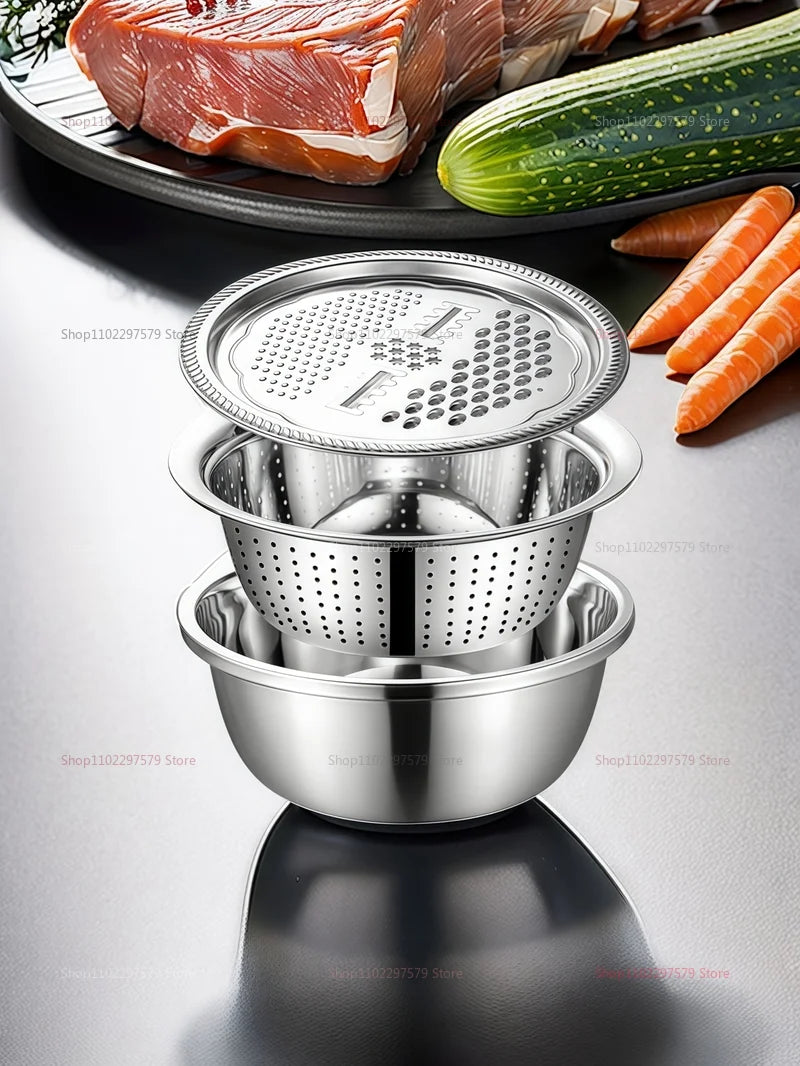 3-in-1 Vegetable Slicer Cutter Grater Drain Basket Stainless Steel Salad Maker Bowl Kitchen Gadgets Fruits Vegetables Cooking