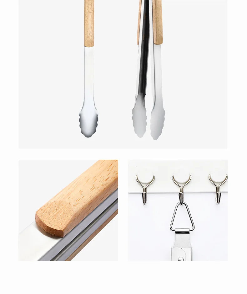 Stainless steel food tongs with heat-resistant wooden handles, anti-scald steak tongs, BBQ outdoor grill tongs, bread clips