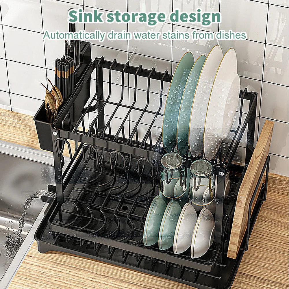 2 tier,dish drying rack,Cutlery rack with spout and draining tray,cutlery holder,cup holder,kitchen countertop storage rack
