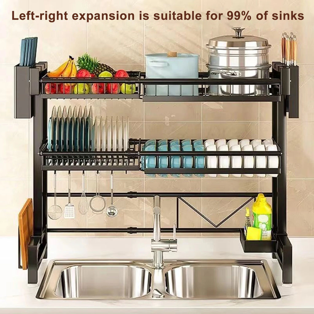2 Tier Kitchen Storage Shelf Above Sink Stretchable Bowl Draining Rack Multifunctional Dish Knife Spoon Sink Rack Set Organizer