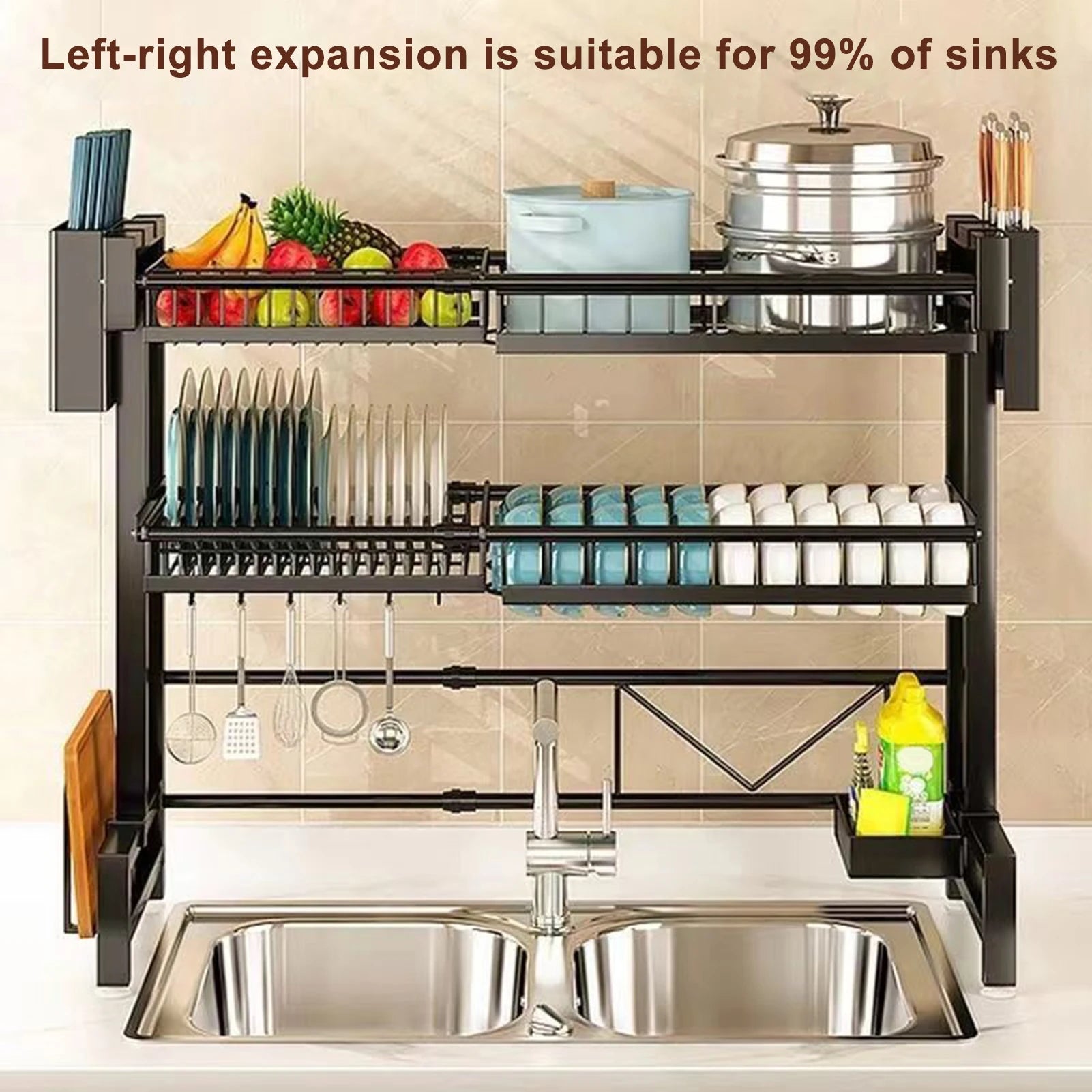 2 Tier Kitchen Storage Shelf Above Sink Stretchable Bowl Draining Rack Multifunctional Dish Knife Spoon Sink Rack Set Organizer