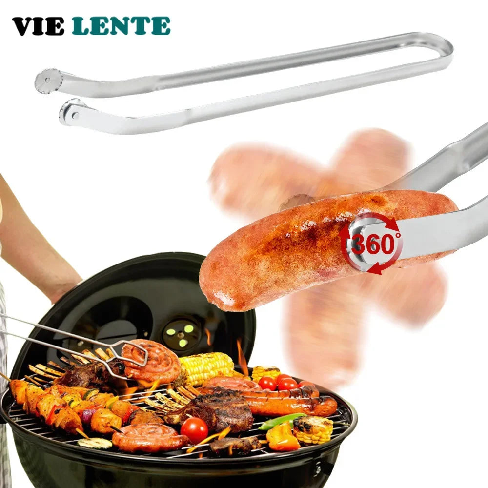 BBQ Sausage Turning Tongs Kitchen Hot Dogs Cooking Clip Stainless Steel Barbecue Long Handle Tongs for Flipping Bacon Steak Meat