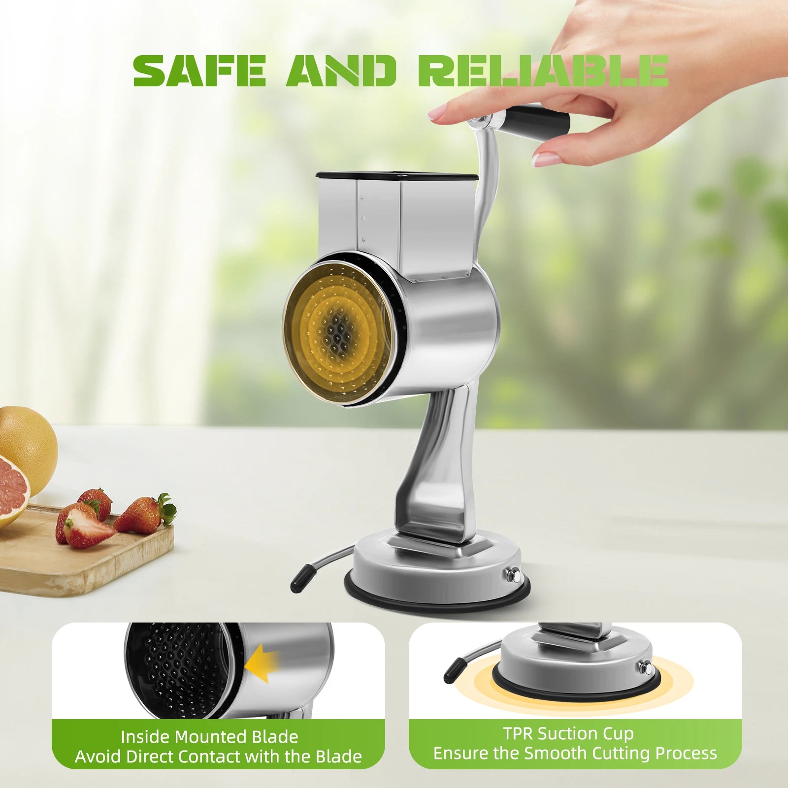 430 Stainless Steel Rotary Grater Manual Veggie Chopper 5 Sharp Blades Suction Cup Base Cutting for Variety Fruits Vegetables