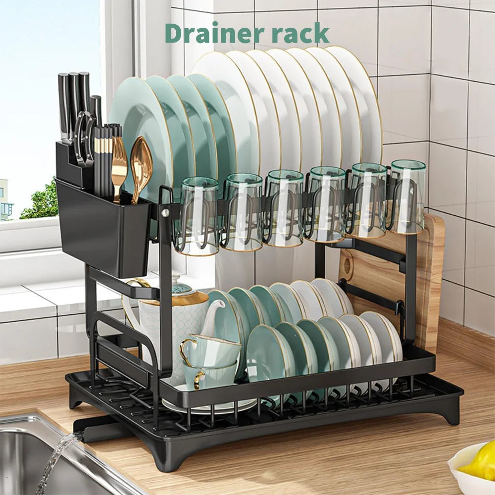 2 tier,dish drying rack,Cutlery rack with spout and draining tray,cutlery holder,cup holder,kitchen countertop storage rack