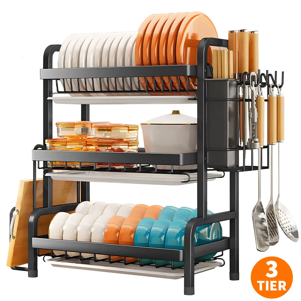 3-tier Dish Drying Drainer Rack, Multifunctional Rustproof Countertop Metal Single Dish Storage Rack, for Kitchen Restaurant