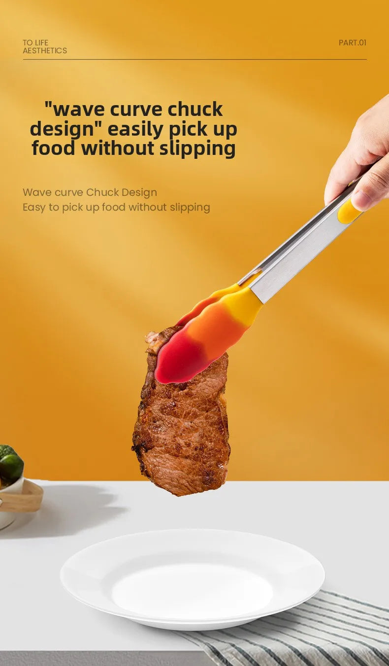 Heat-resistant silicone food tongs kitchen tool stainless steel food tongs anti-scald steak tongs barbecue tongs bread tongs