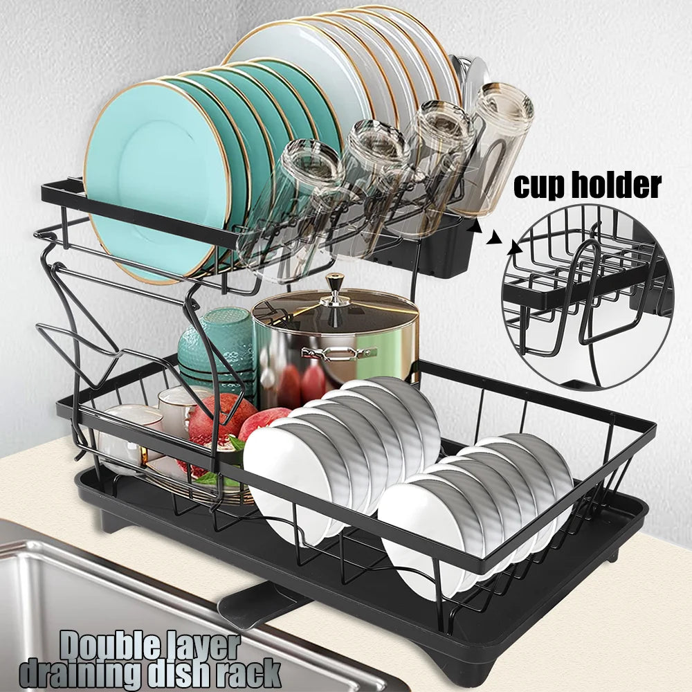 Dish Drying Rack 2-Tier Compact Kitchen Dish Rack Dish Drainer with Chopstick Cylinder Kitchen Drainer rack with spout