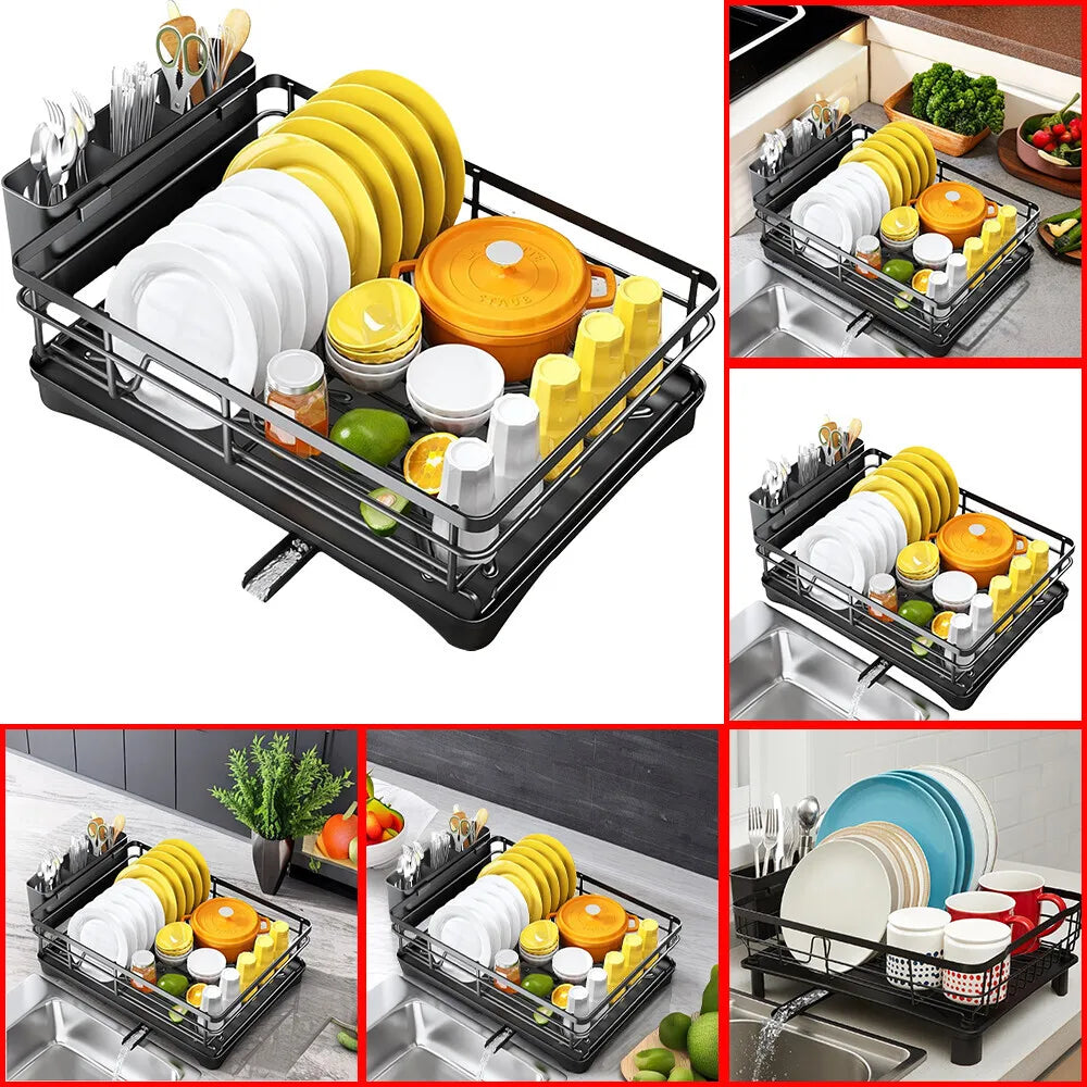 UK Large Kitchen Sink Dish Drainer Rack With Drip Tray And Plate Cutlery Holde