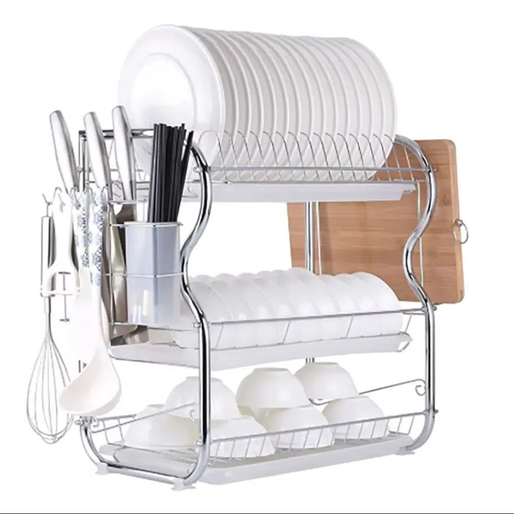 Kitchen Chrome Dish Drainer Cutlery Cup Plates Holder Sink Rack Drip Tray 3 Tier