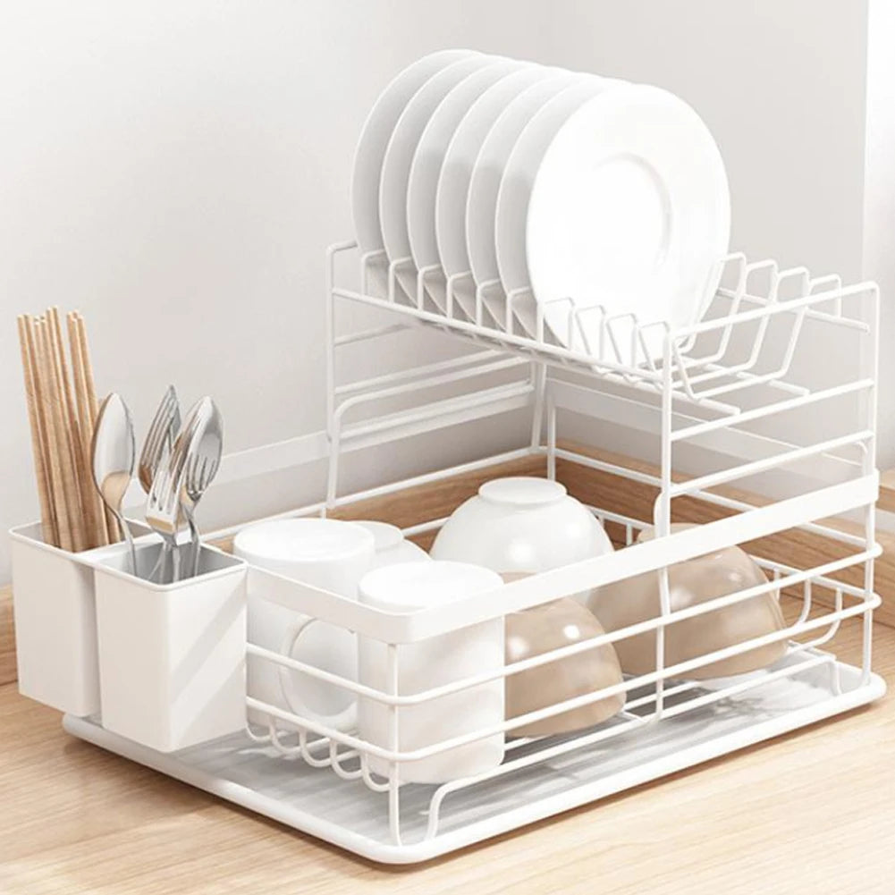 2-Tier Metal Kitchen Dish Drainer Rack  with Removable Drip Tray