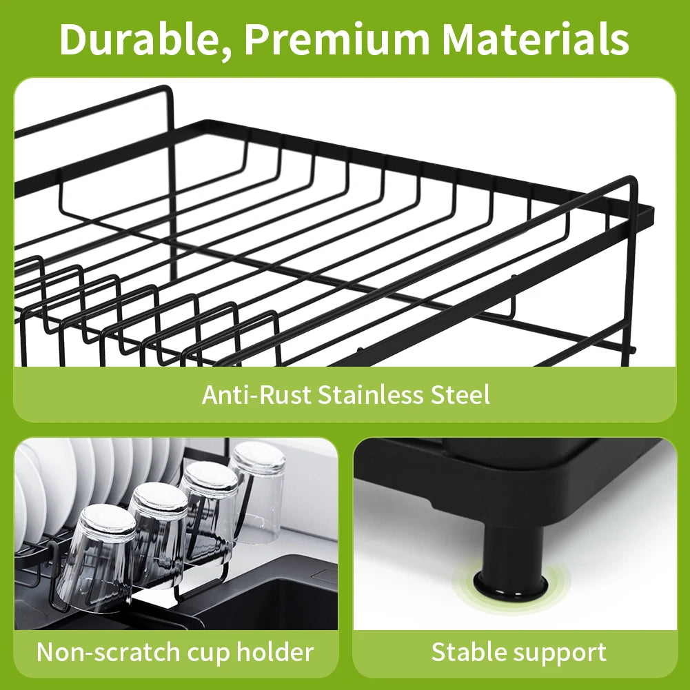 Dish Drainer Rack - Extendable Dish Drainer, Multifunctional Anti-Rust Dish Rack for Kitchen Counter, with Cutlery & Cup Holders