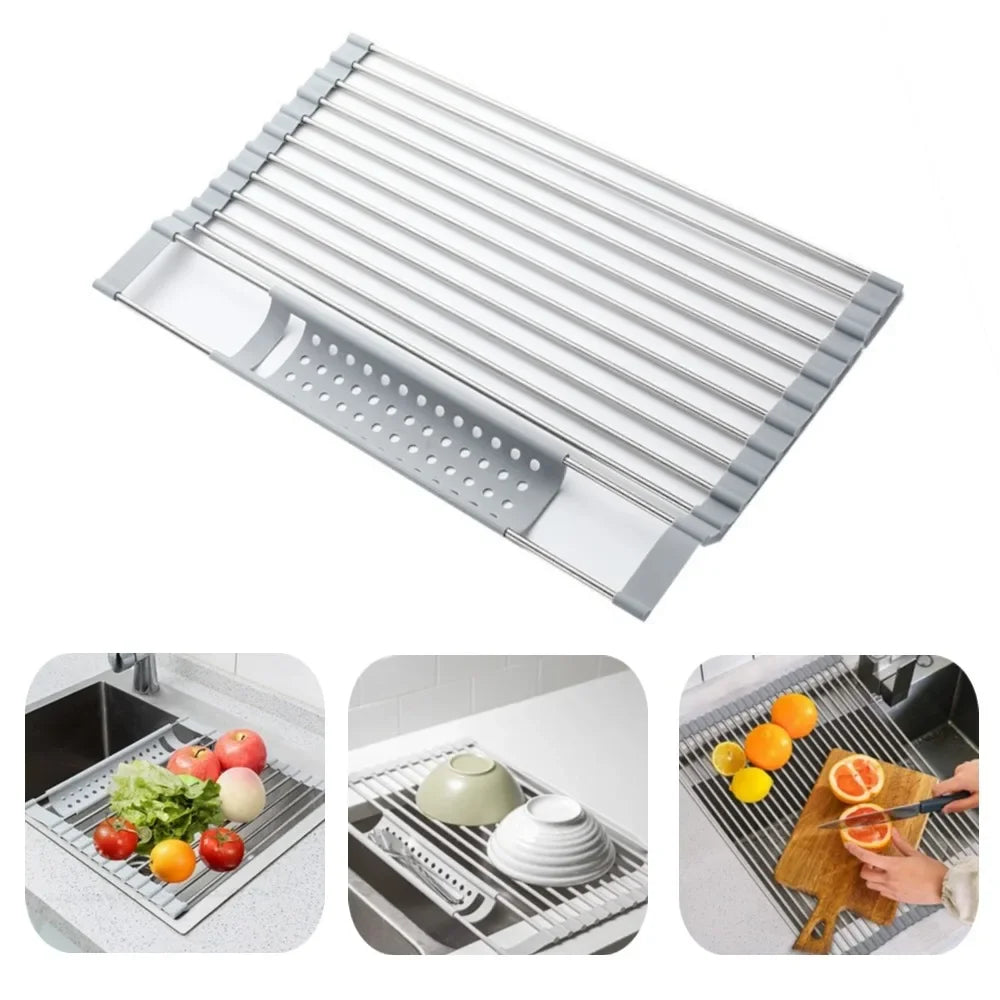 304 Stainless Kitchen Foldable Sink Plate Storage Bowl Holder Kitchen Dish Drying Rack Dish Drainer Shelf Kitchen Accessories