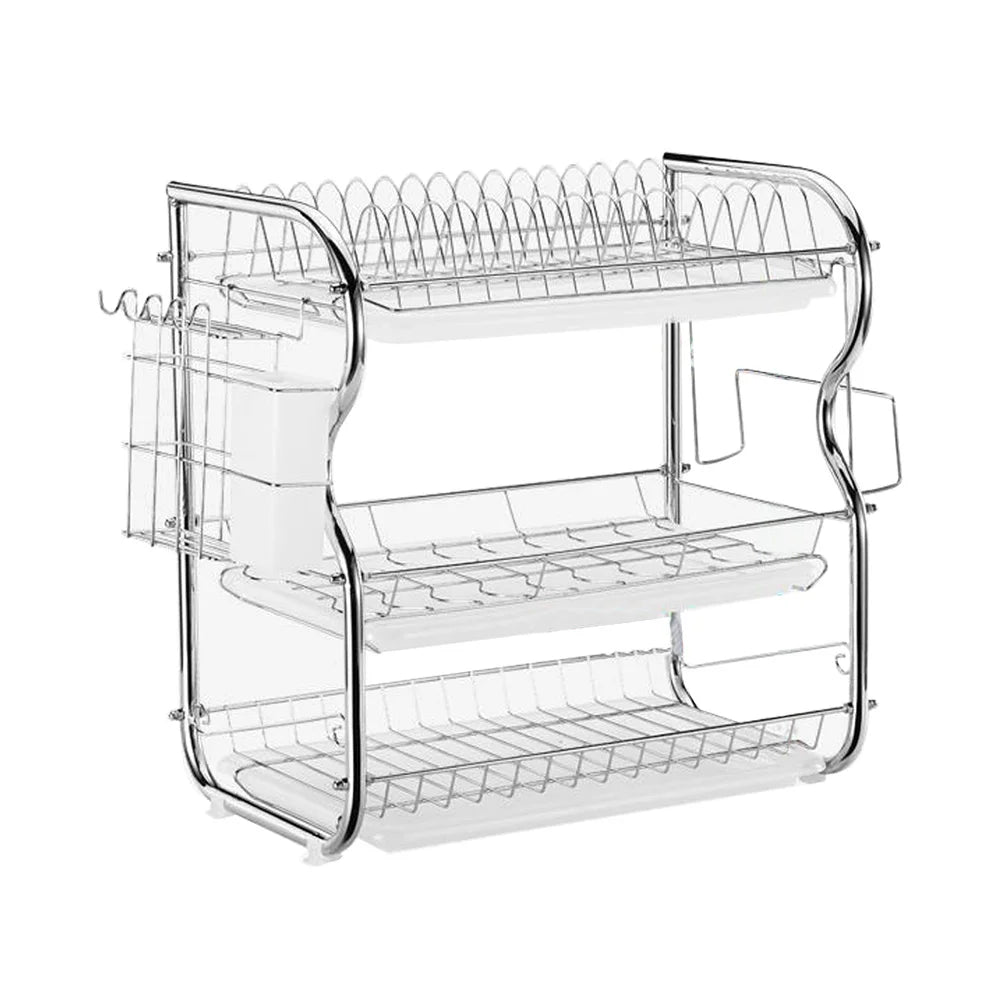 Kitchen Chrome Dish Drainer Cutlery Cup Plates Holder Sink Rack Drip Tray 3 Tier