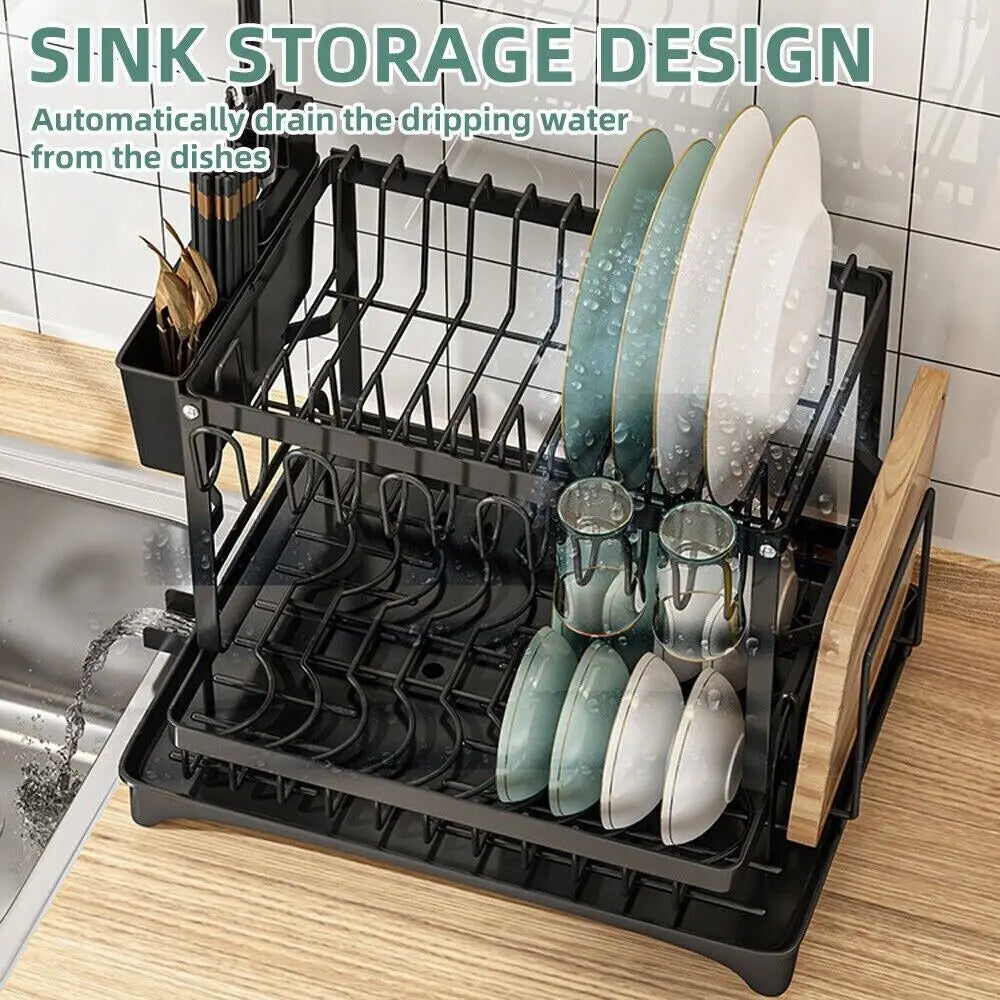 2-Tier Dish Drying Rack with Cutlery Holder, Carbon Steel & Plastic, Easy Install Over Sink Drainer, Sturdy Water Dish Storage