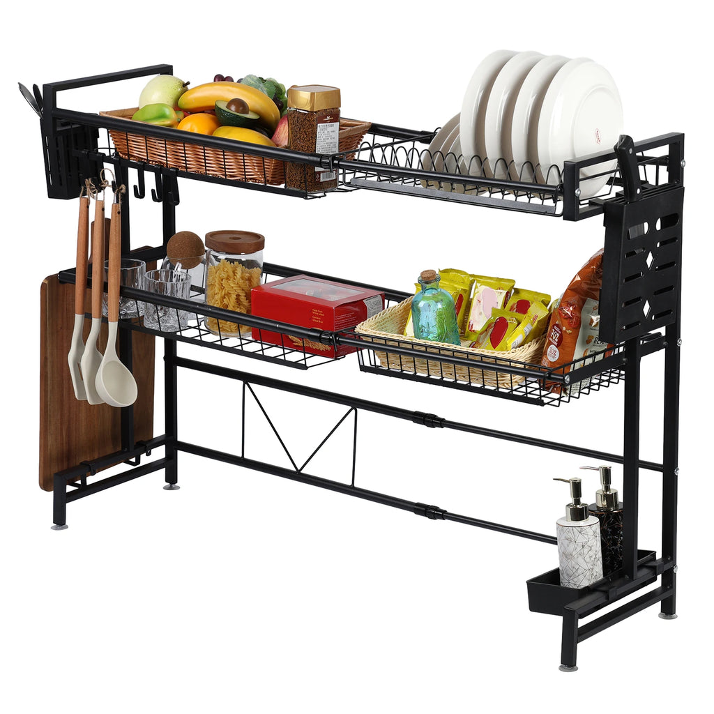 2 Tier Kitchen Storage Shelf Above Sink Stretchable Bowl Draining Rack Multifunctional Dish Knife Spoon Sink Rack Set Organizer