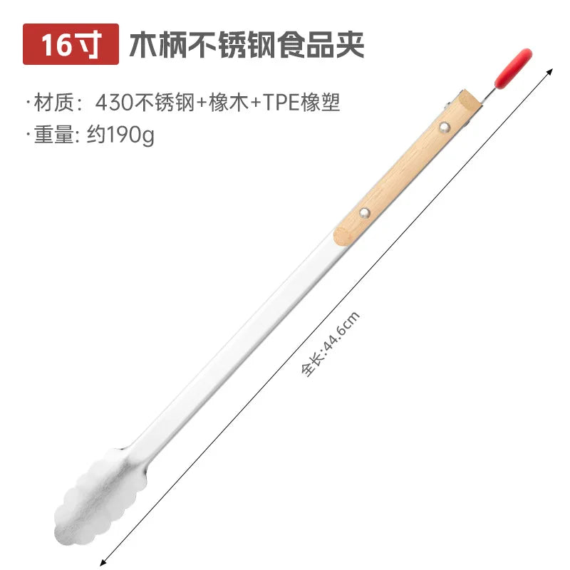 Stainless steel food tongs with heat-resistant wooden handles, anti-scald steak tongs, BBQ outdoor grill tongs, bread clips