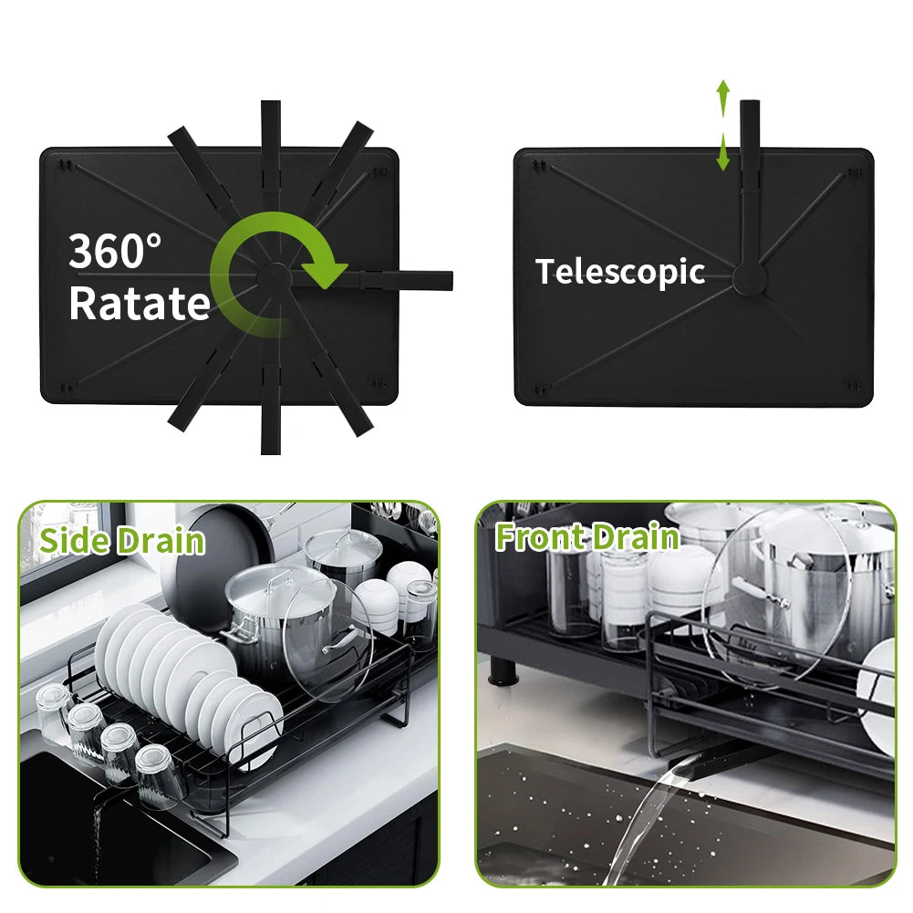 Dish Drainer Rack - Extendable Dish Drainer, Multifunctional Anti-Rust Dish Rack for Kitchen Counter, with Cutlery & Cup Holders