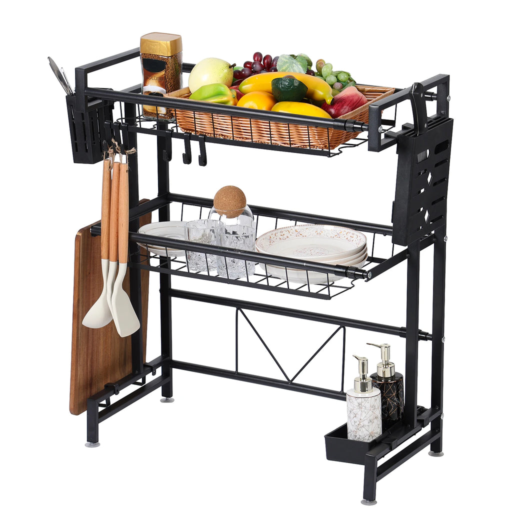 2 Tier Kitchen Storage Shelf Above Sink Stretchable Bowl Draining Rack Multifunctional Dish Knife Spoon Sink Rack Set Organizer