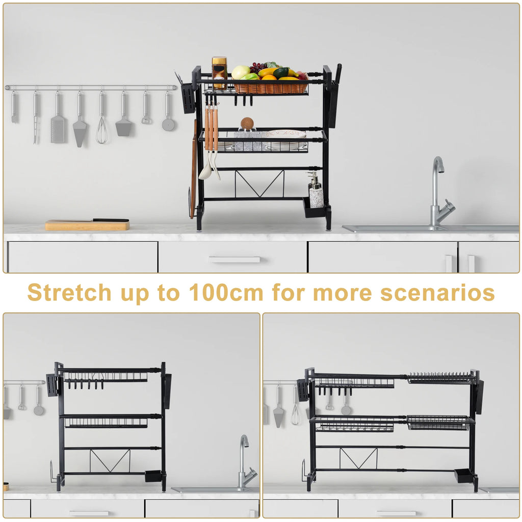 2 Tier Kitchen Storage Shelf Above Sink Stretchable Bowl Draining Rack Multifunctional Dish Knife Spoon Sink Rack Set Organizer