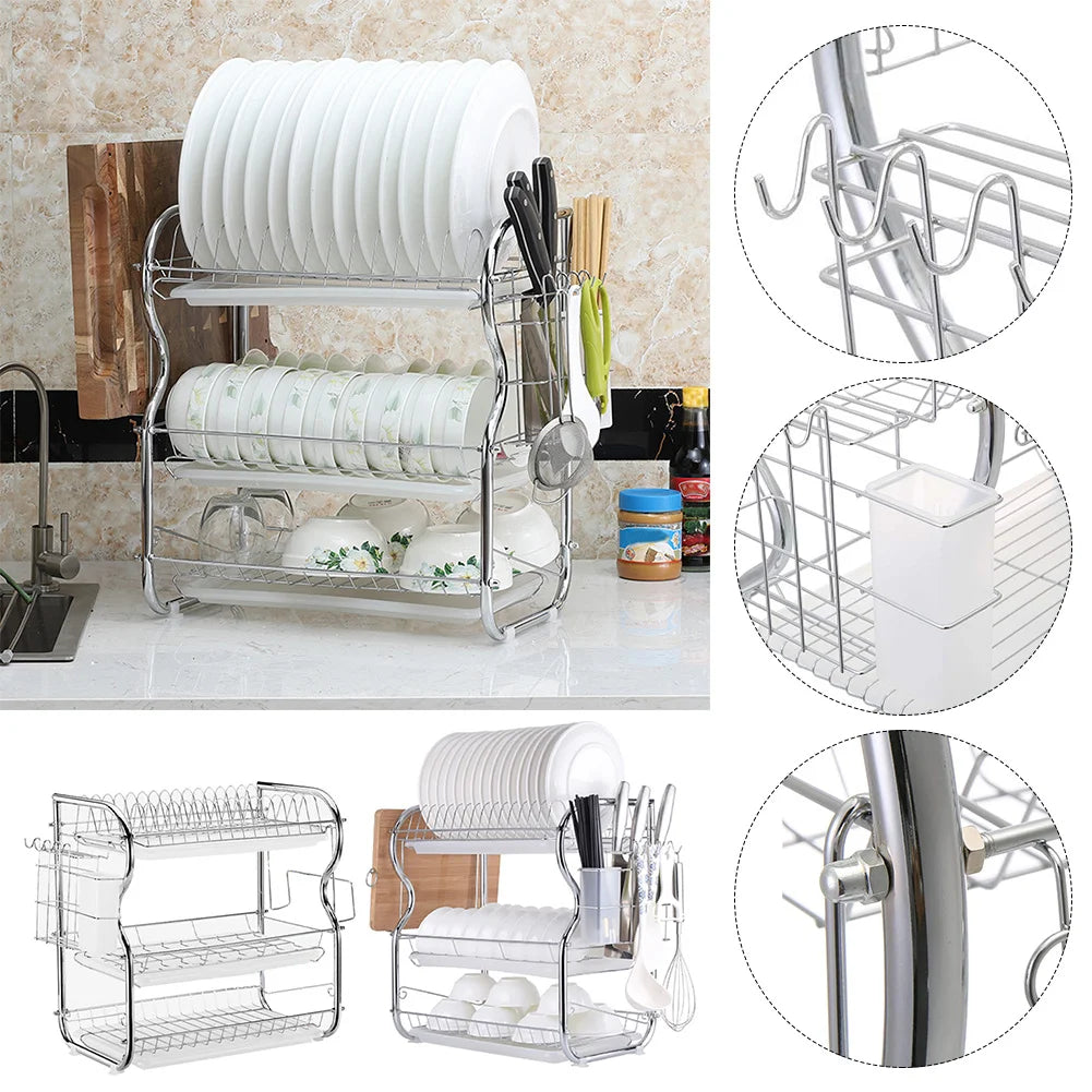Kitchen Chrome Dish Drainer Cutlery Cup Plates Holder Sink Rack Drip Tray 3 Tier